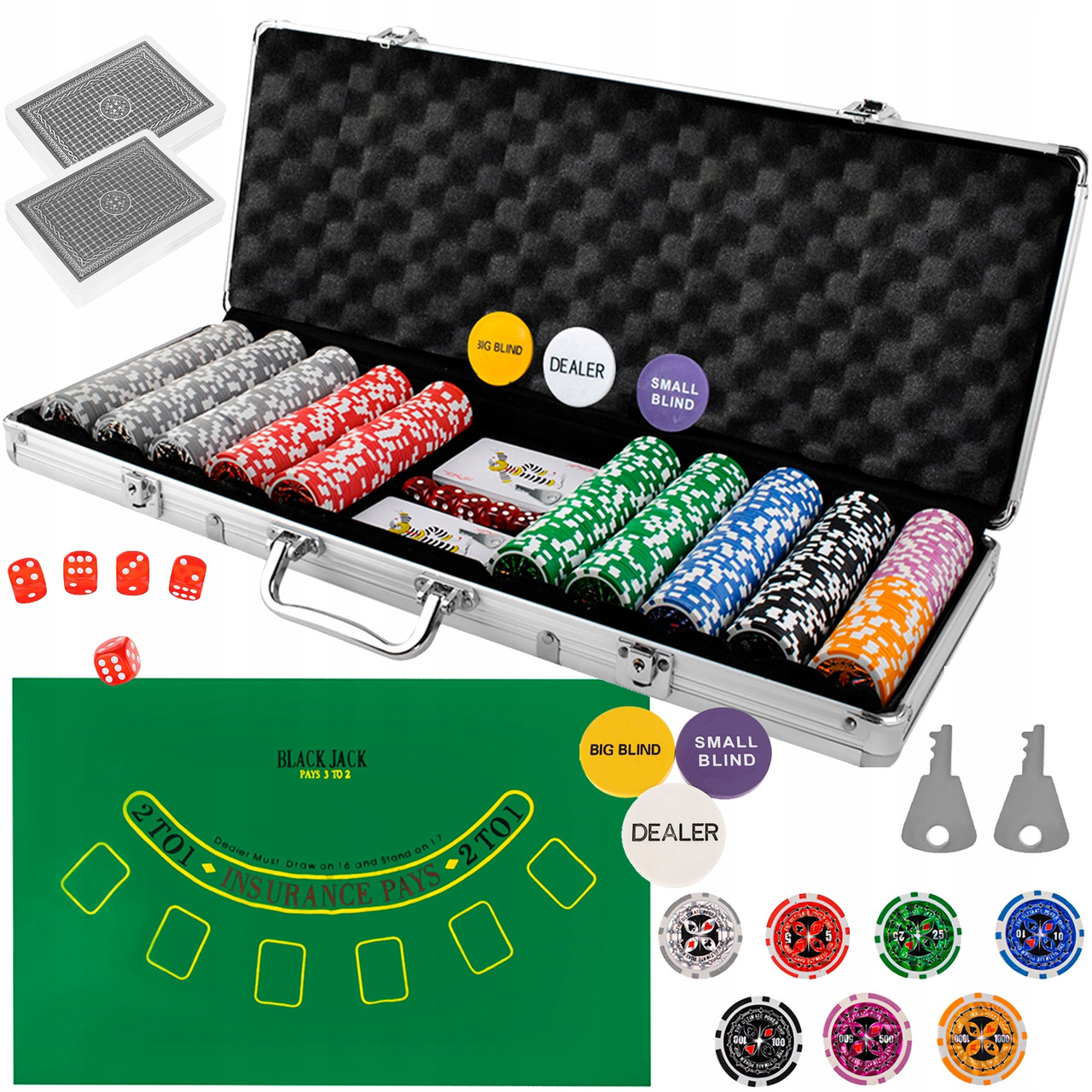 Покерный набор 500 жетонов с номиналом в чемодане HQ 23529